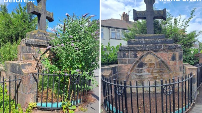 Monkswell Two images of a medieval stone well with a cross on top showing before it was cleaned up and afterwards