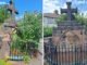 Two images of a medieval stone well with a cross on top showing before it was cleaned up and afterwards